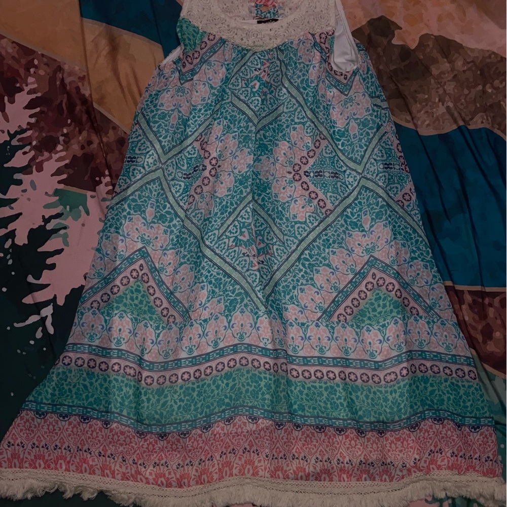 Girls sz 16 Zunie light weight dress w lacy detail teal & pink